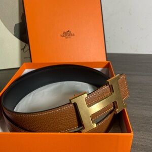 Men's Tan Leather Belt with Gold H Buckle by